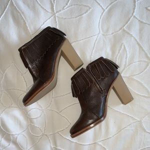 Brown leather fringe booties